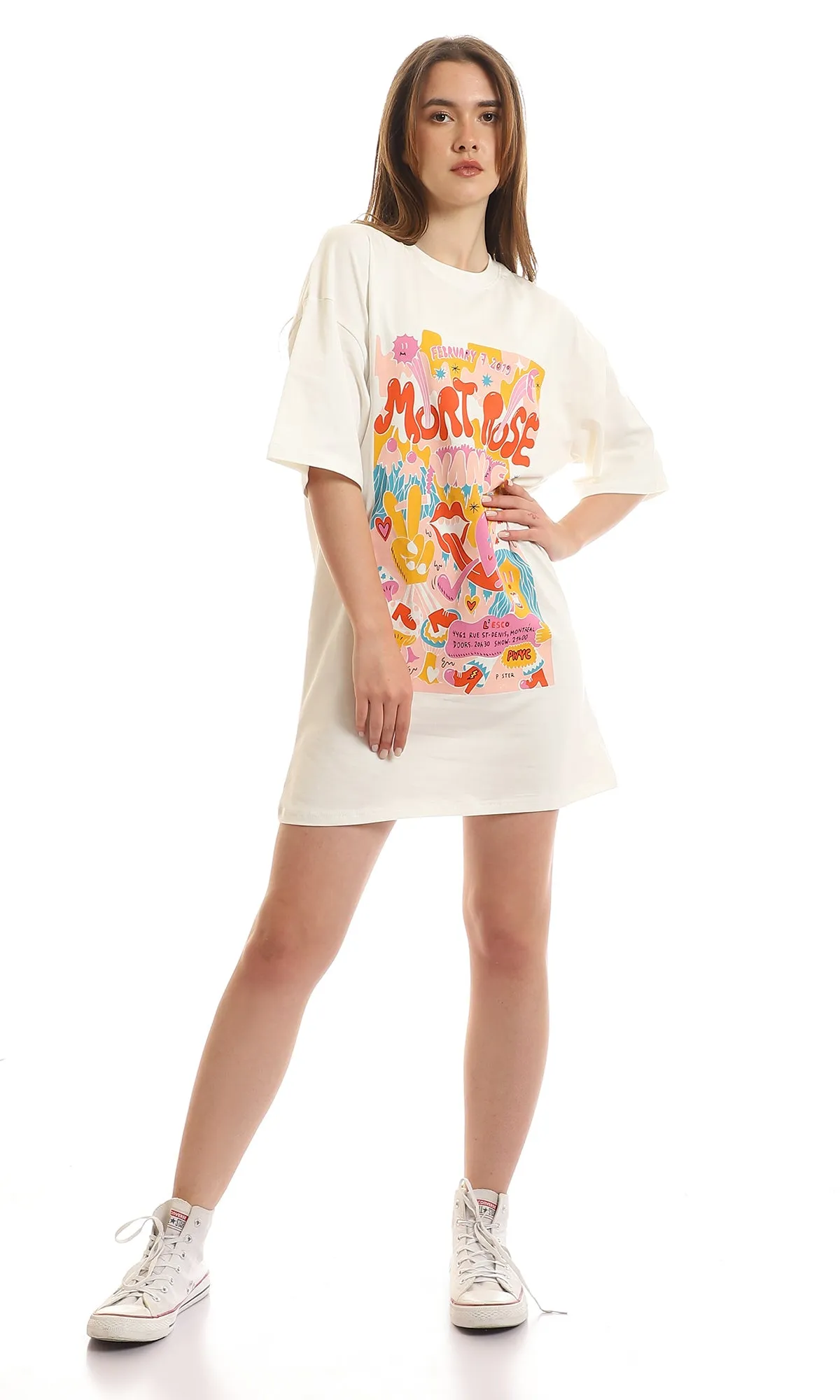 97596 Colorful Print Short Sleeves Off-White Long Tee
