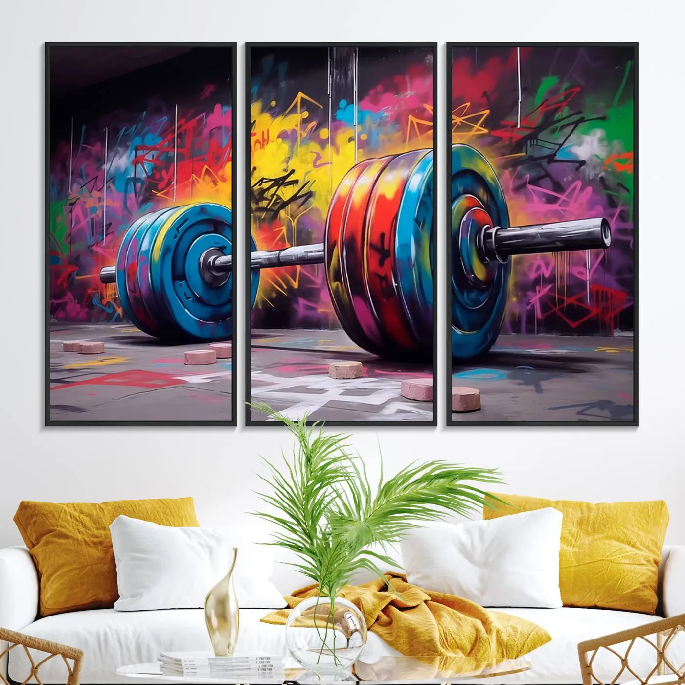 Abstract Graffiti Barbell Canvas Wall Art – Urban Fitness Meets Bold Street Art Print - Gym Wall Art Print