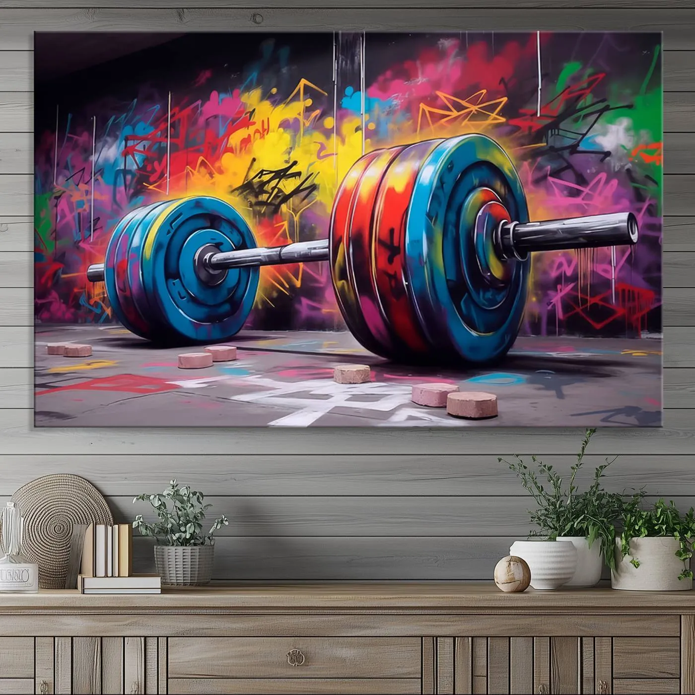 Abstract Graffiti Barbell Canvas Wall Art – Urban Fitness Meets Bold Street Art Print - Gym Wall Art Print