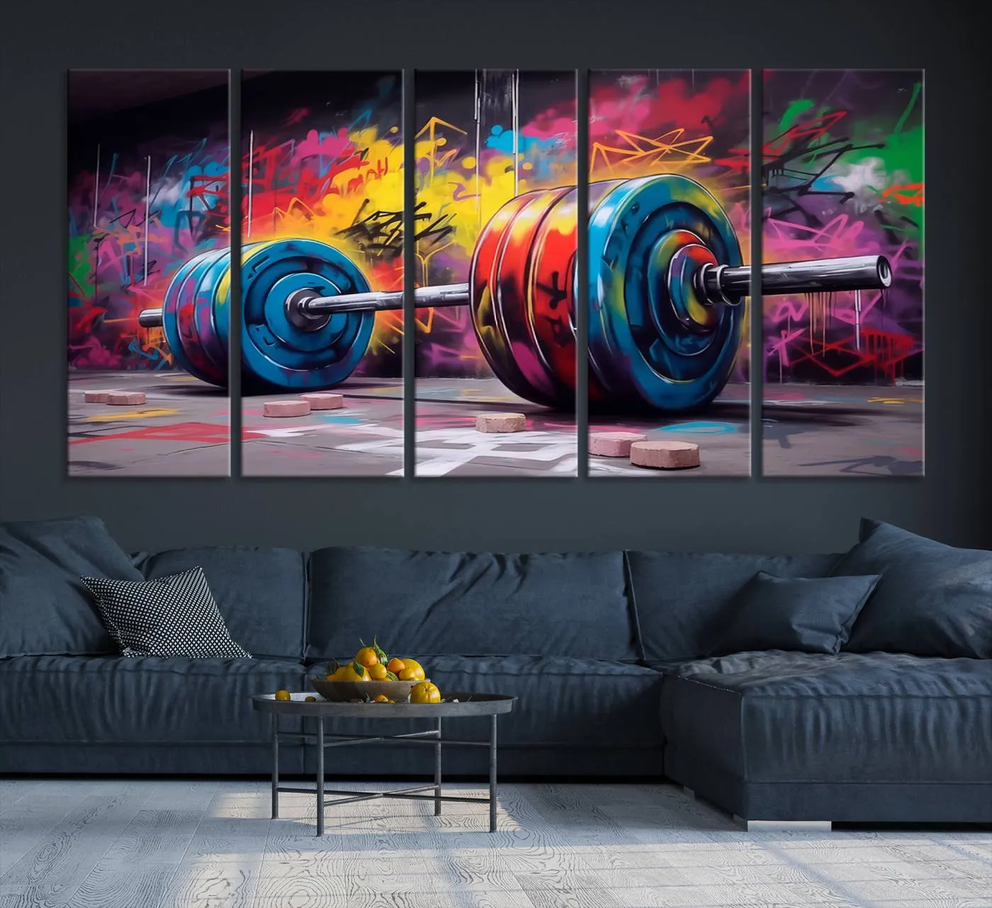 Abstract Graffiti Barbell Canvas Wall Art – Urban Fitness Meets Bold Street Art Print - Gym Wall Art Print
