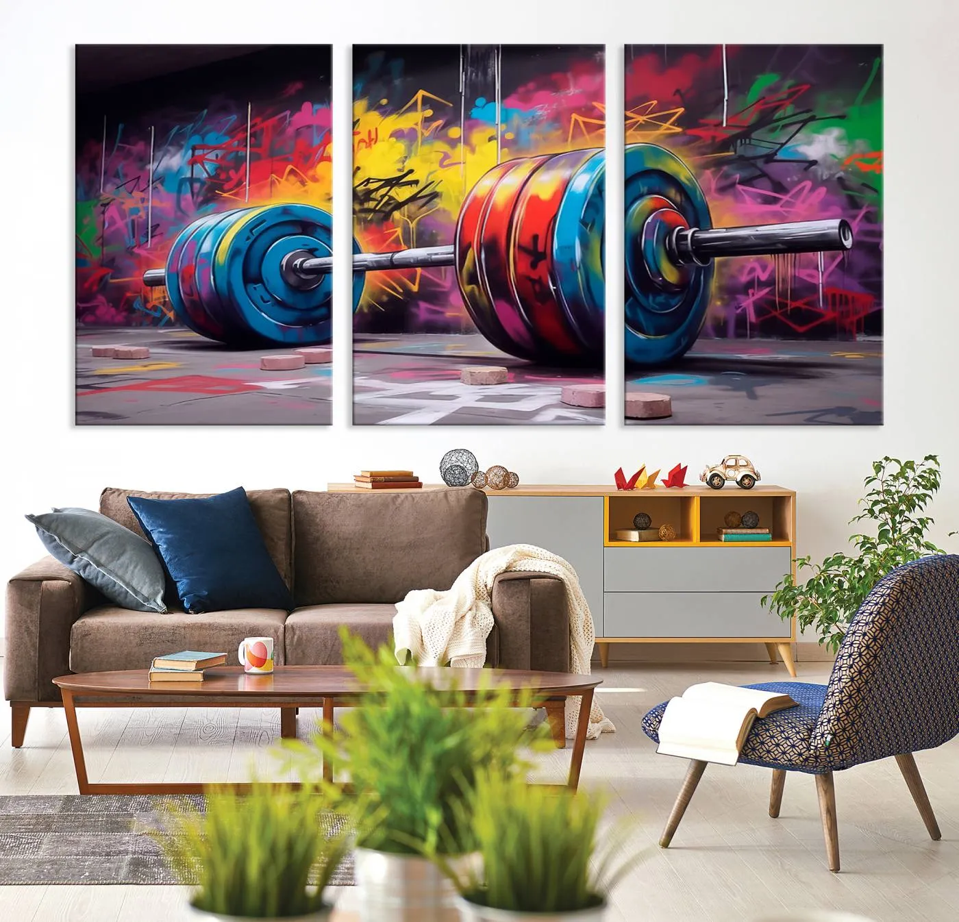 Abstract Graffiti Barbell Canvas Wall Art – Urban Fitness Meets Bold Street Art Print - Gym Wall Art Print