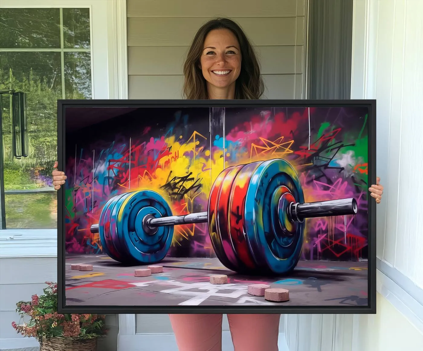 Abstract Graffiti Barbell Canvas Wall Art – Urban Fitness Meets Bold Street Art Print - Gym Wall Art Print