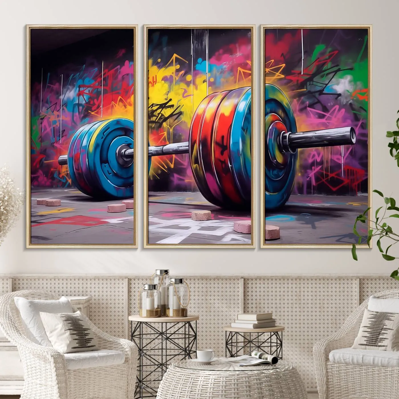 Abstract Graffiti Barbell Canvas Wall Art – Urban Fitness Meets Bold Street Art Print - Gym Wall Art Print