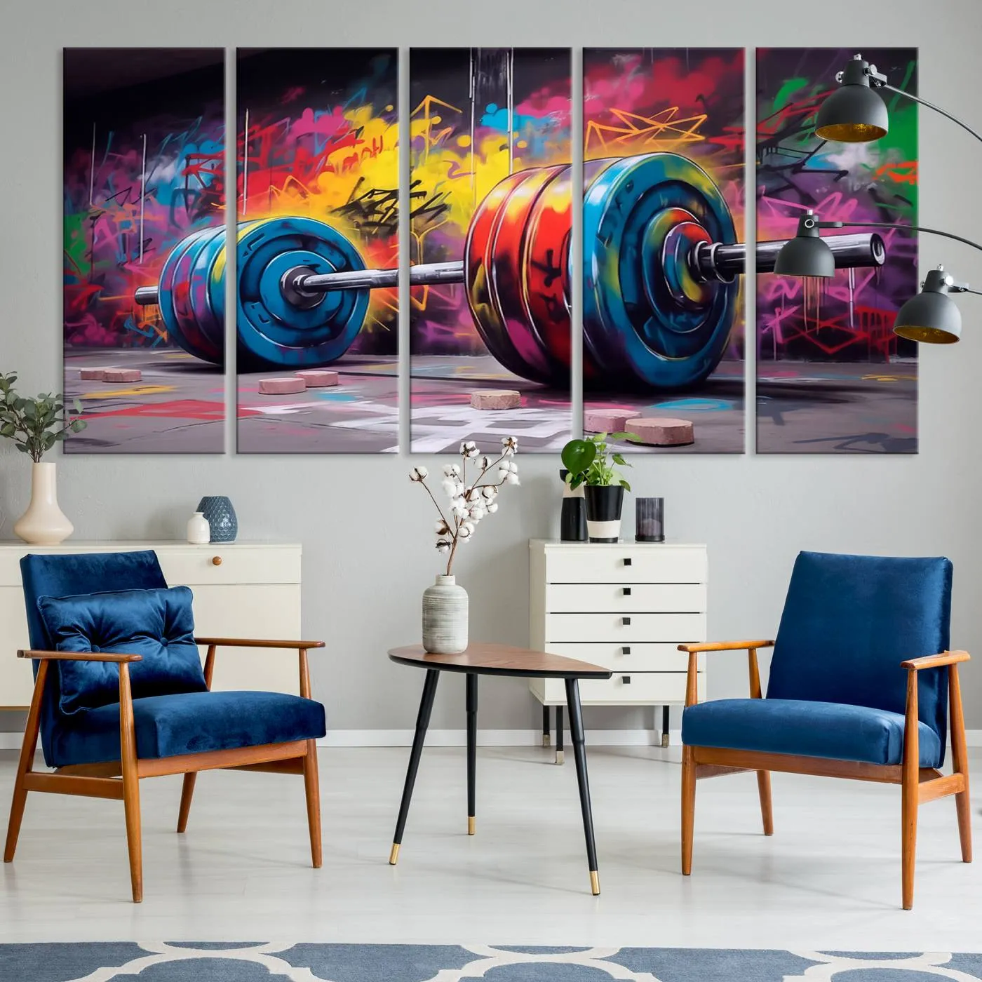 Abstract Graffiti Barbell Canvas Wall Art – Urban Fitness Meets Bold Street Art Print - Gym Wall Art Print
