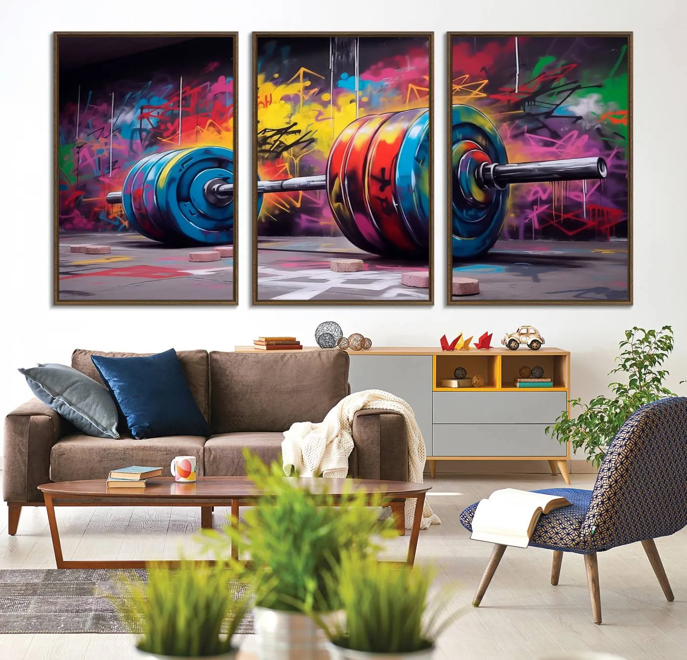 Abstract Graffiti Barbell Canvas Wall Art – Urban Fitness Meets Bold Street Art Print - Gym Wall Art Print