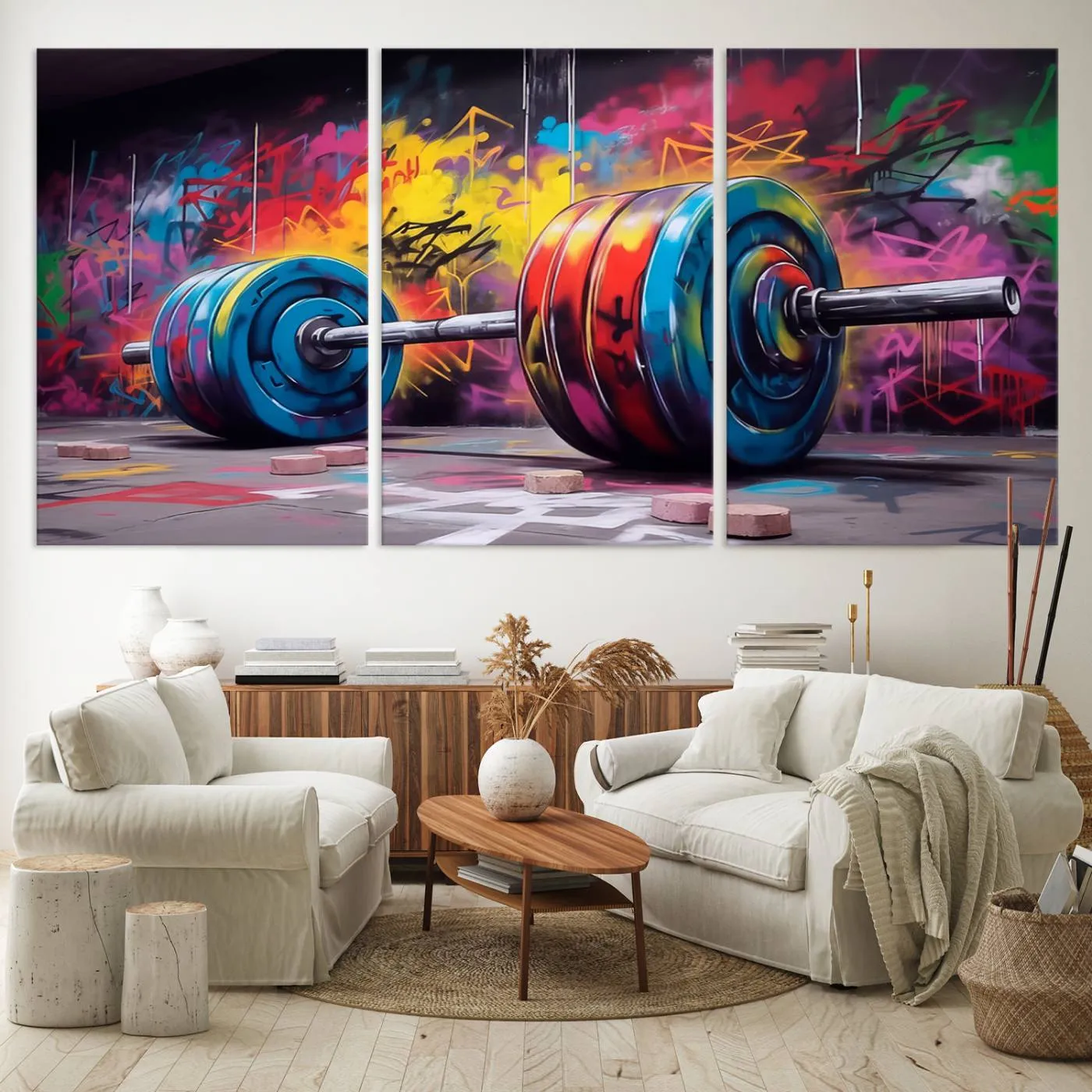 Abstract Graffiti Barbell Canvas Wall Art – Urban Fitness Meets Bold Street Art Print - Gym Wall Art Print