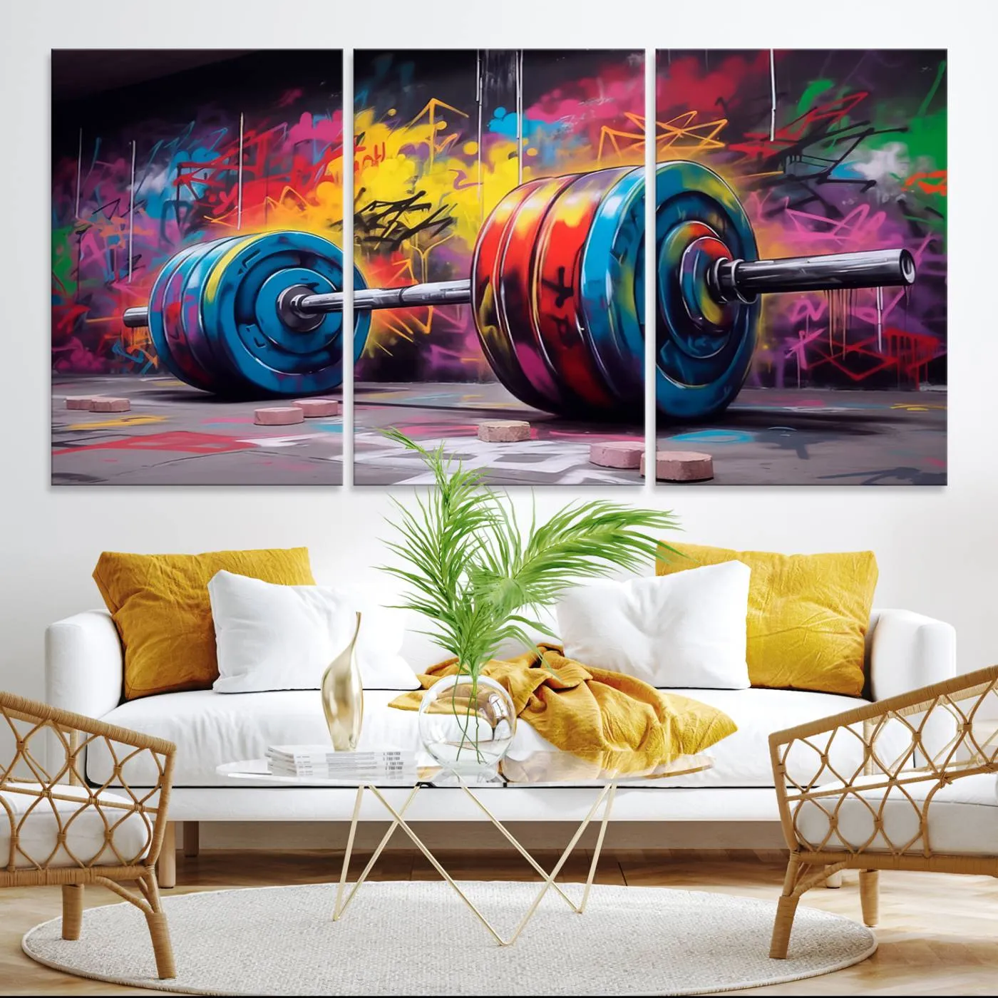 Abstract Graffiti Barbell Canvas Wall Art – Urban Fitness Meets Bold Street Art Print - Gym Wall Art Print
