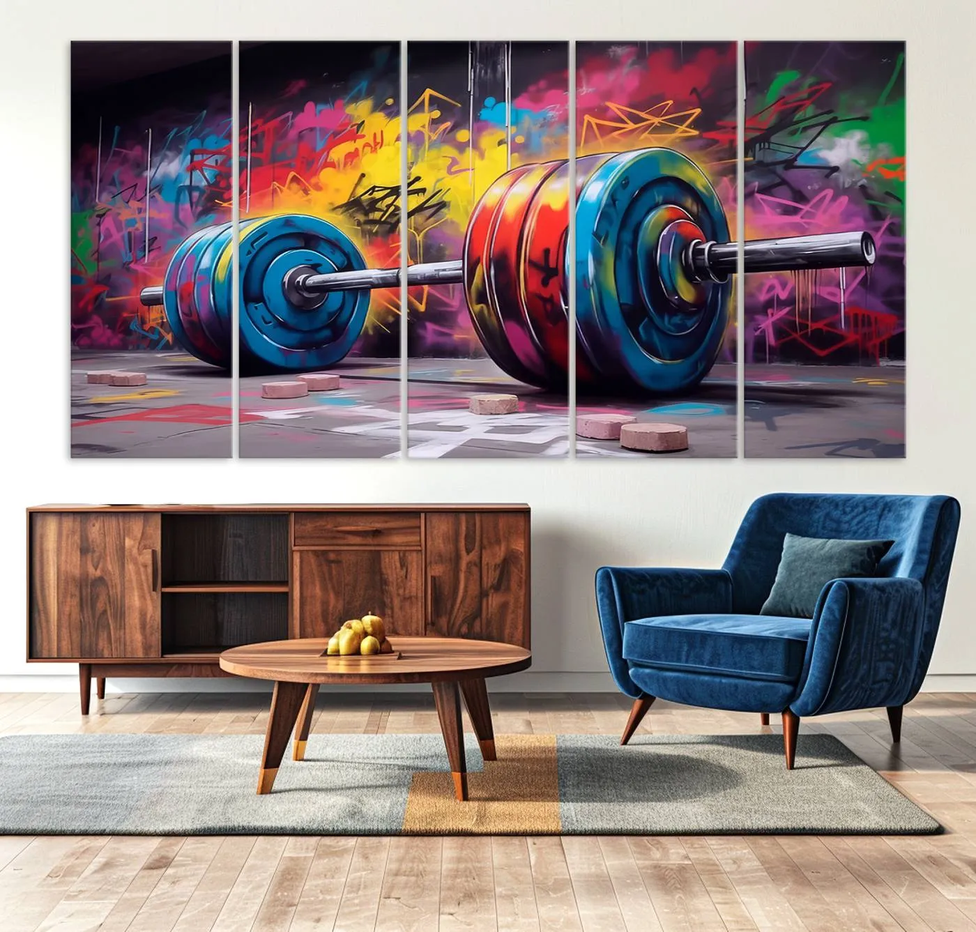 Abstract Graffiti Barbell Canvas Wall Art – Urban Fitness Meets Bold Street Art Print - Gym Wall Art Print