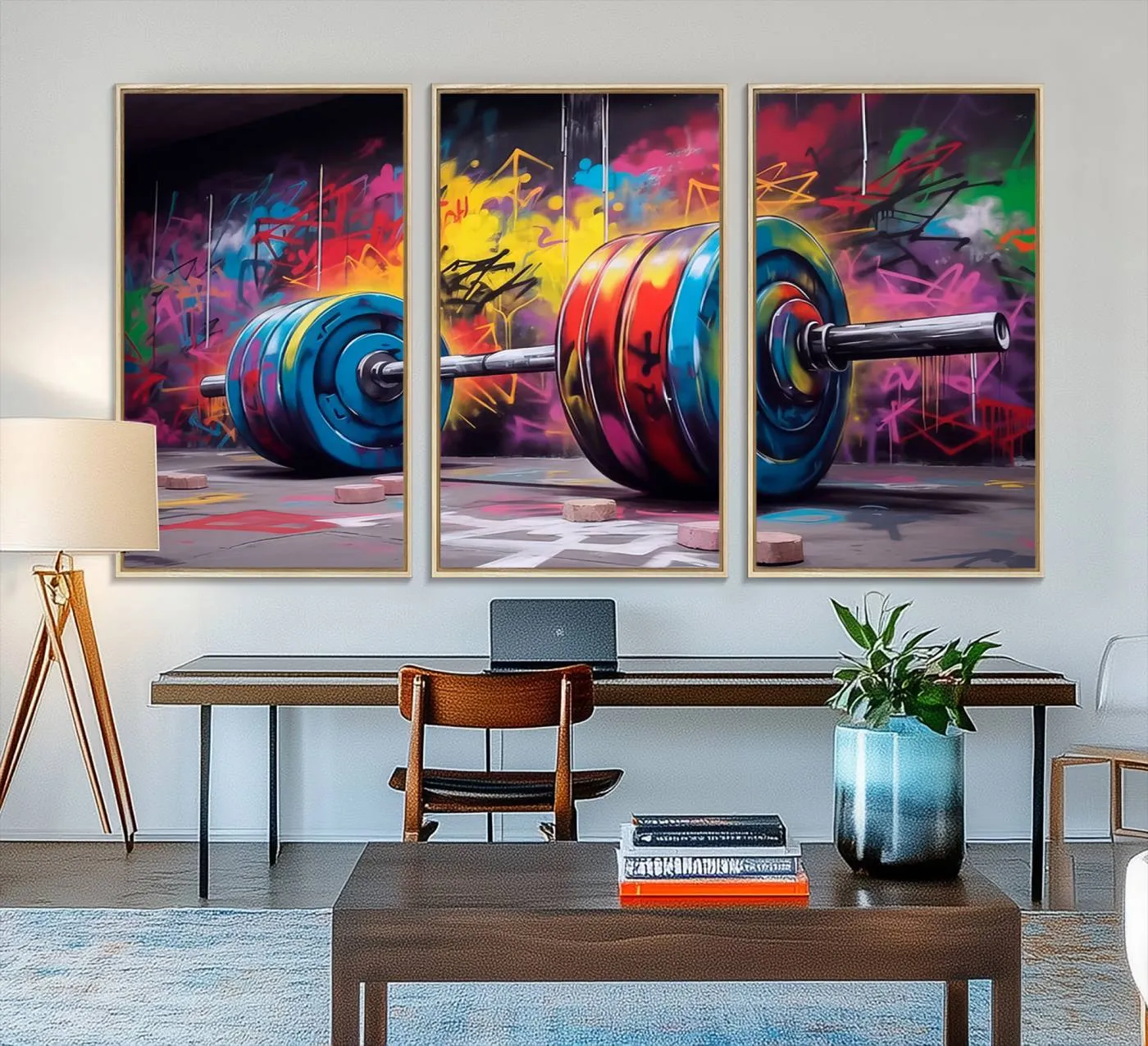 Abstract Graffiti Barbell Canvas Wall Art – Urban Fitness Meets Bold Street Art Print - Gym Wall Art Print