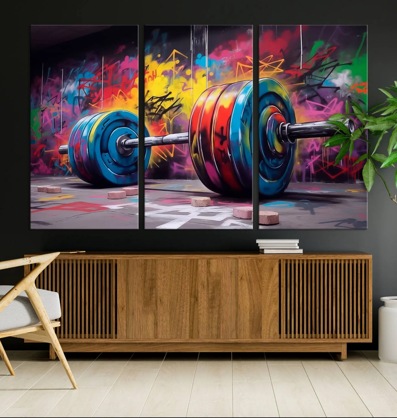 Abstract Graffiti Barbell Canvas Wall Art – Urban Fitness Meets Bold Street Art Print - Gym Wall Art Print