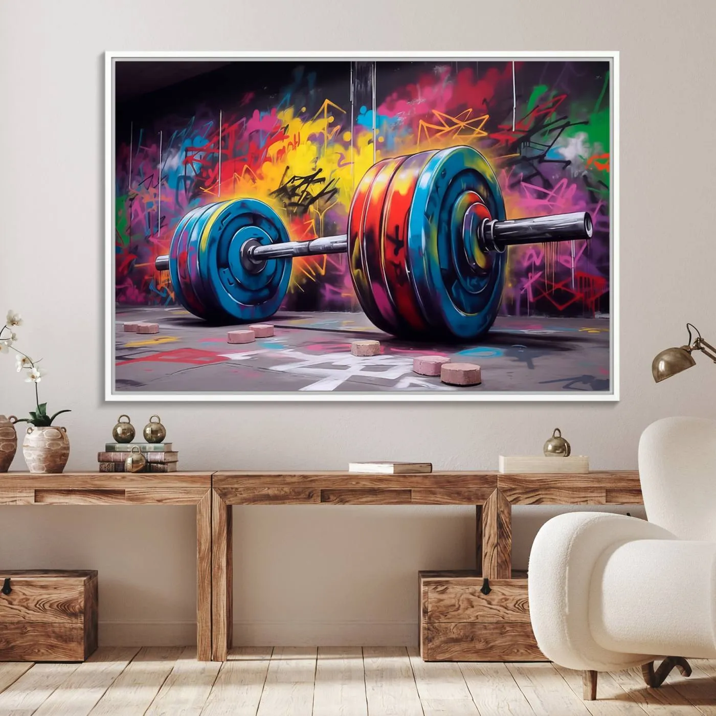 Abstract Graffiti Barbell Canvas Wall Art – Urban Fitness Meets Bold Street Art Print - Gym Wall Art Print