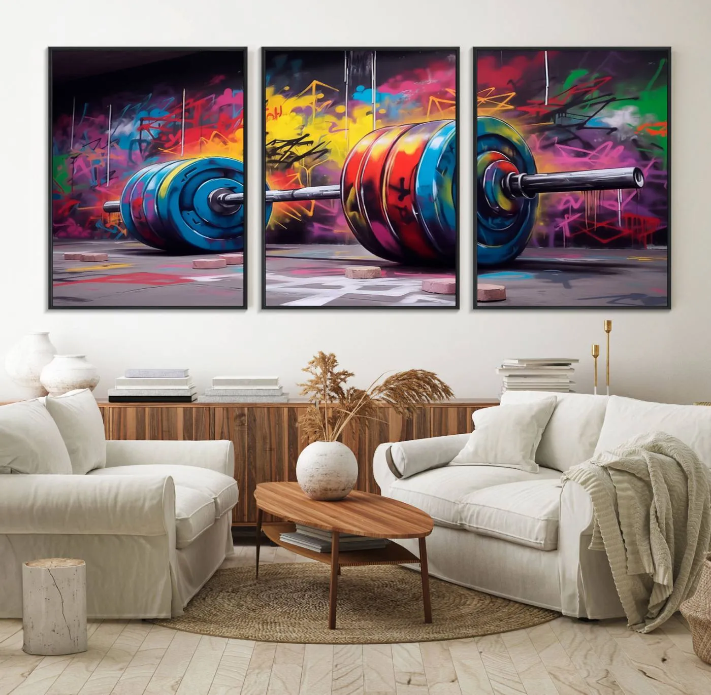 Abstract Graffiti Barbell Canvas Wall Art – Urban Fitness Meets Bold Street Art Print - Gym Wall Art Print