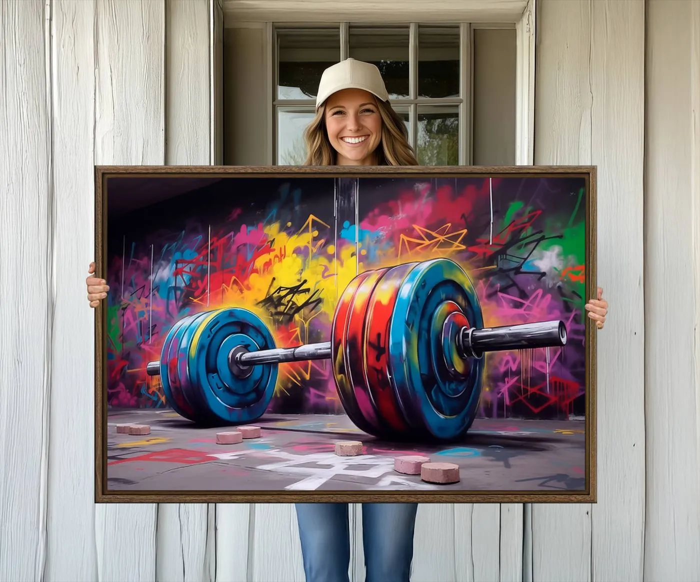 Abstract Graffiti Barbell Canvas Wall Art – Urban Fitness Meets Bold Street Art Print - Gym Wall Art Print