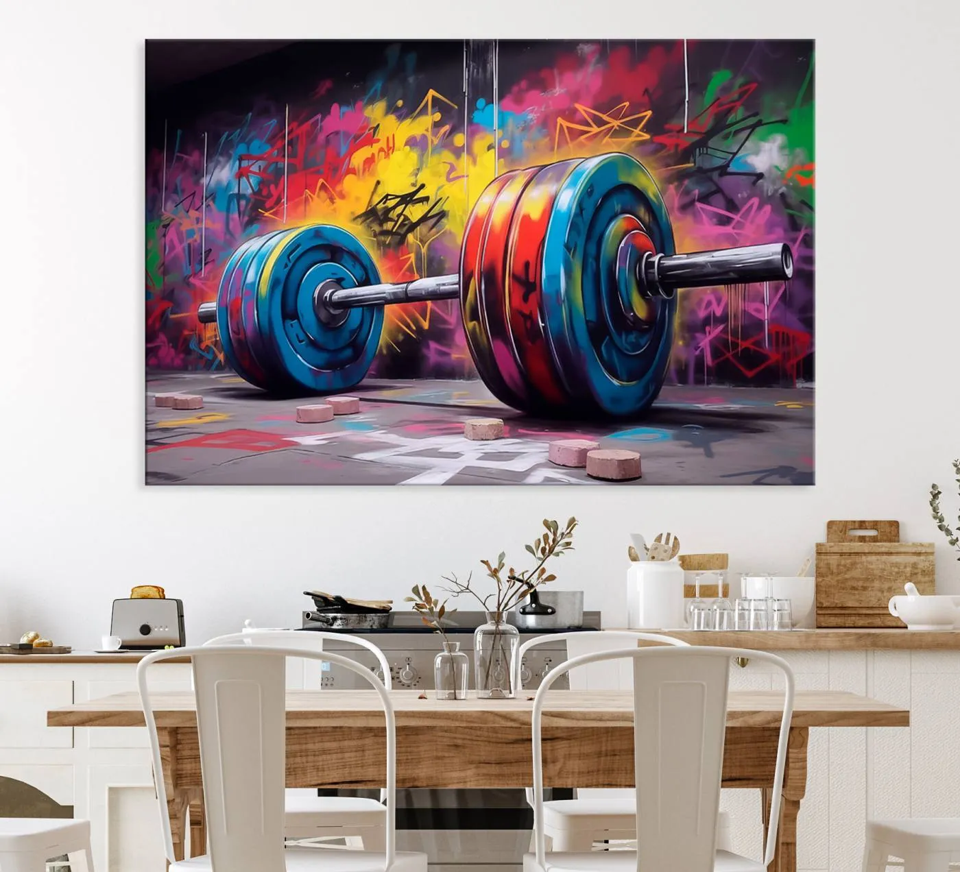 Abstract Graffiti Barbell Canvas Wall Art – Urban Fitness Meets Bold Street Art Print - Gym Wall Art Print