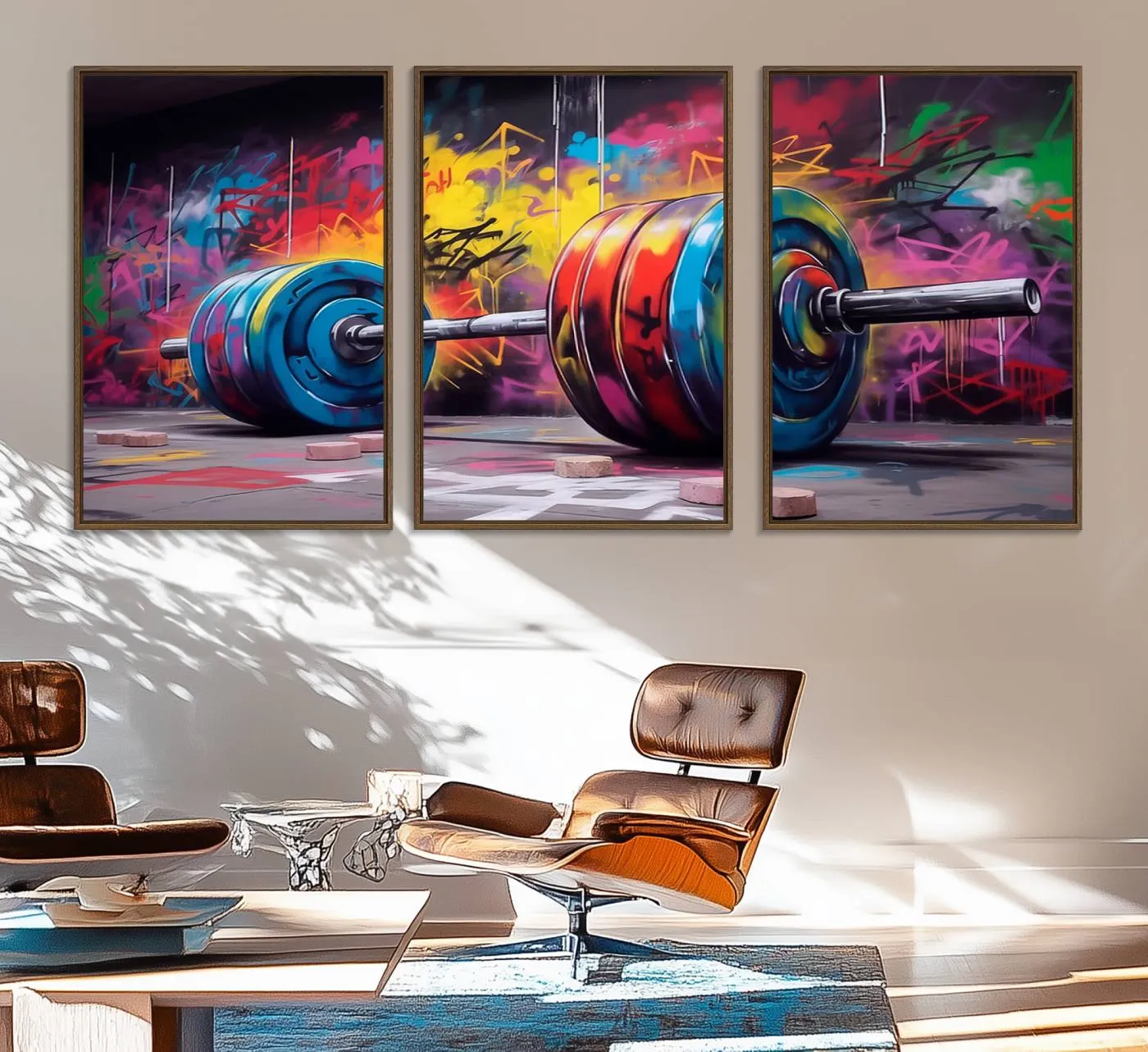 Abstract Graffiti Barbell Canvas Wall Art – Urban Fitness Meets Bold Street Art Print - Gym Wall Art Print