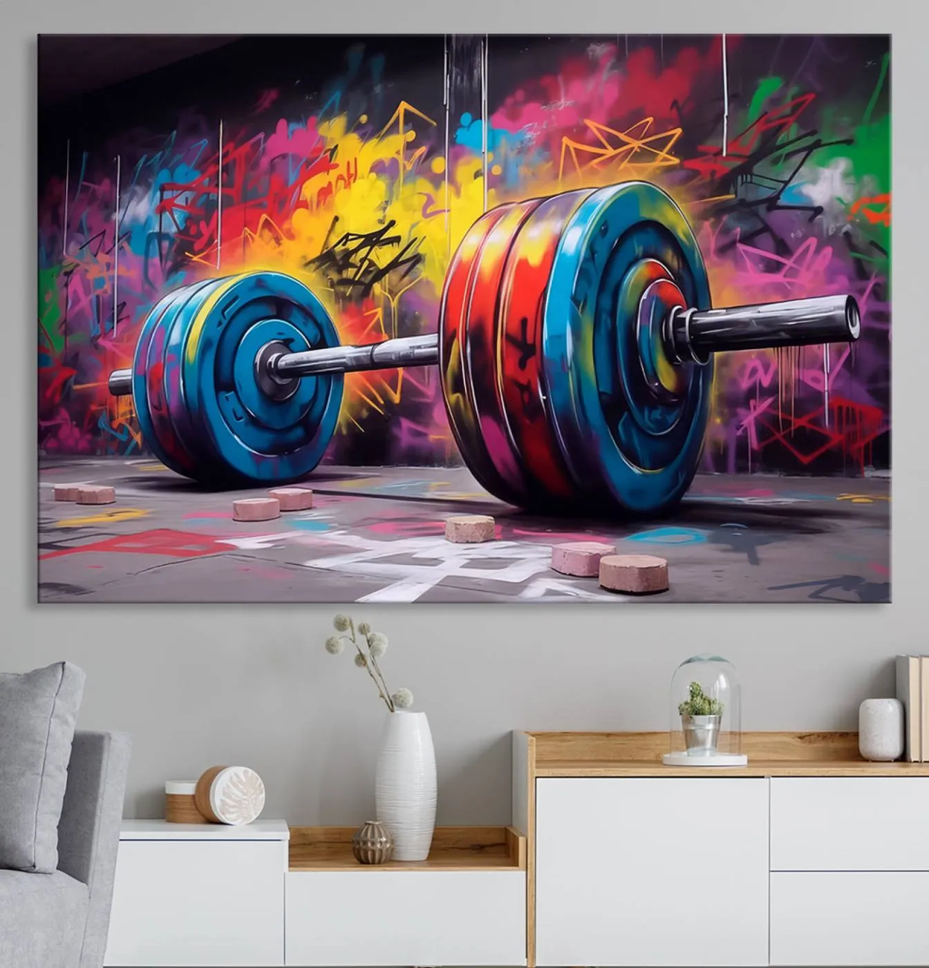 Abstract Graffiti Barbell Canvas Wall Art – Urban Fitness Meets Bold Street Art Print - Gym Wall Art Print