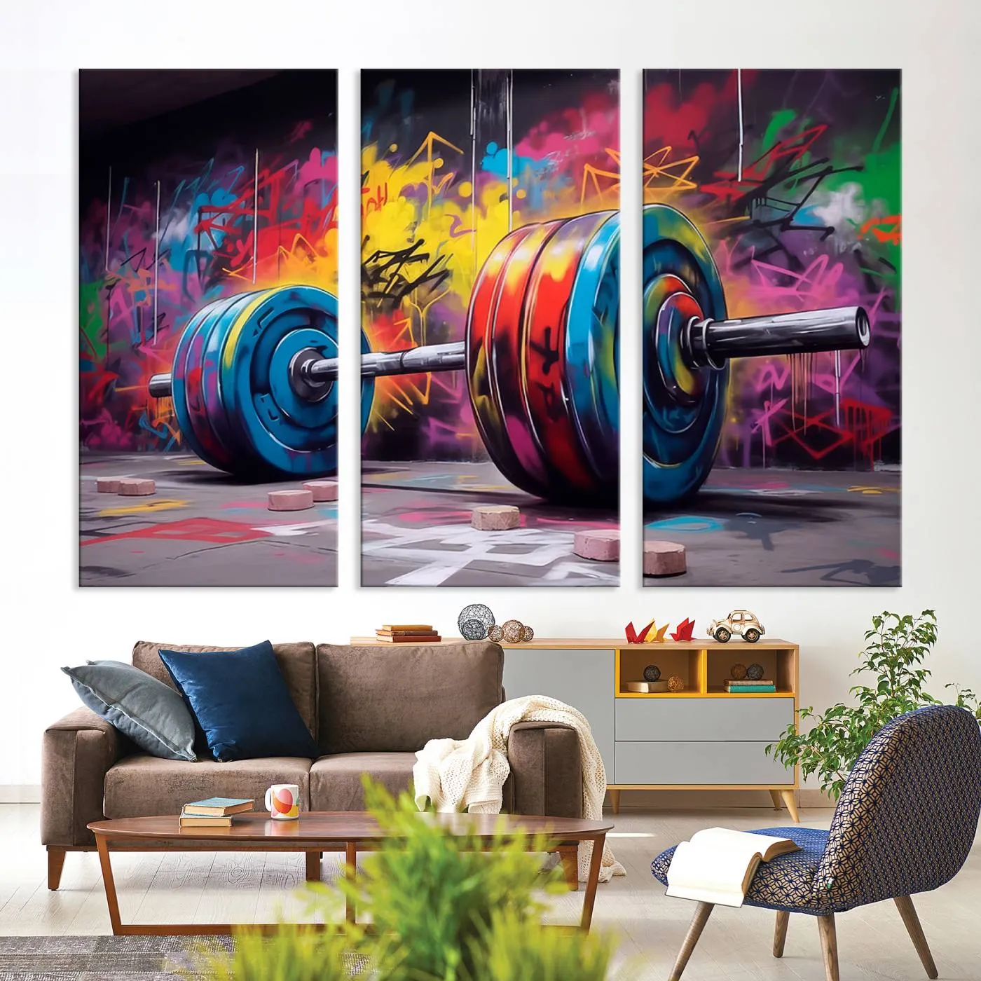 Abstract Graffiti Barbell Canvas Wall Art – Urban Fitness Meets Bold Street Art Print - Gym Wall Art Print