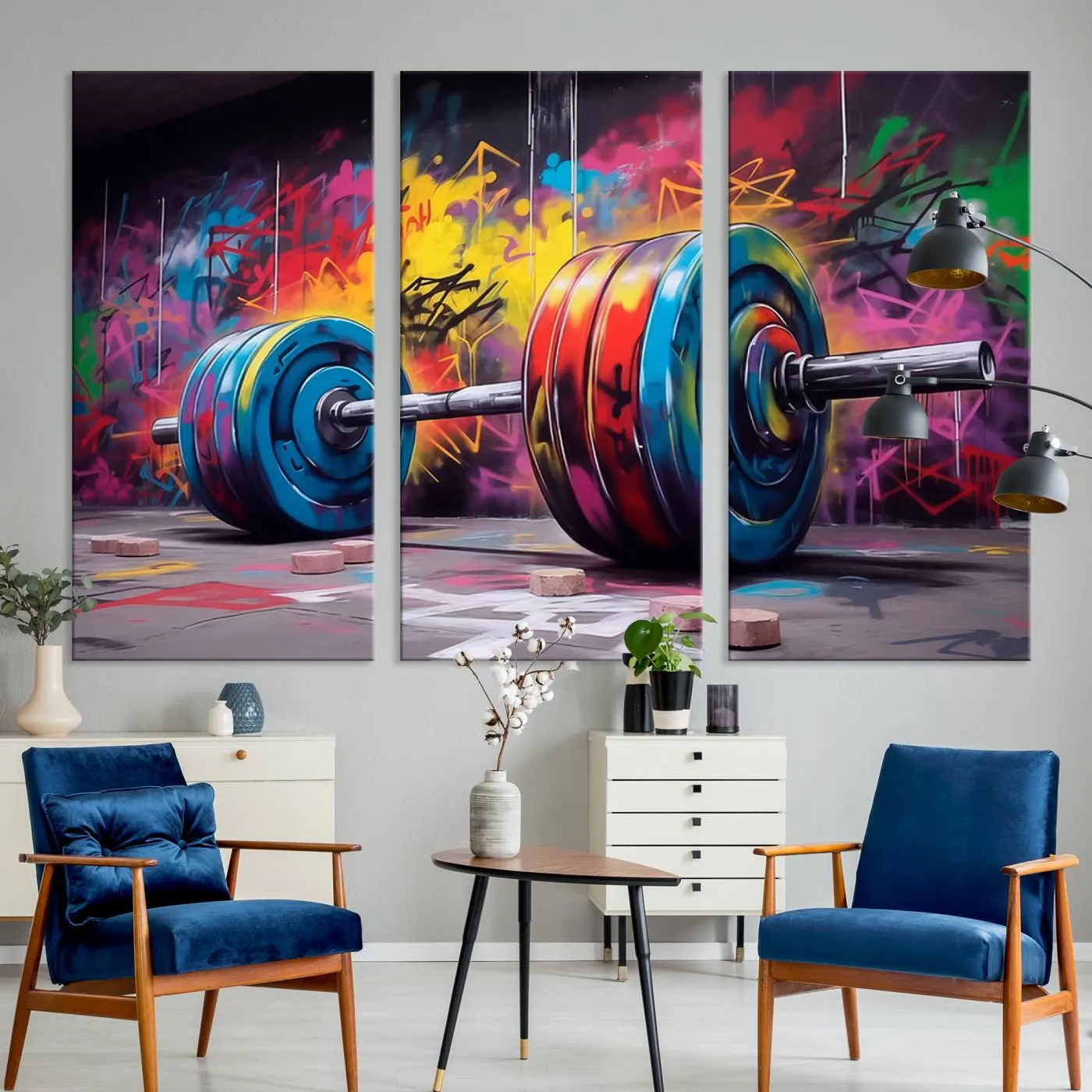 Abstract Graffiti Barbell Canvas Wall Art – Urban Fitness Meets Bold Street Art Print - Gym Wall Art Print