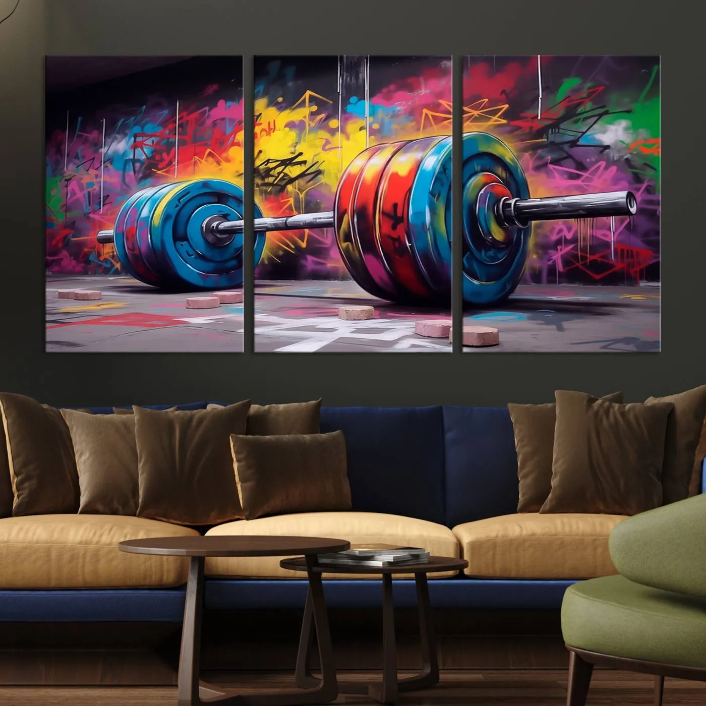 Abstract Graffiti Barbell Canvas Wall Art – Urban Fitness Meets Bold Street Art Print - Gym Wall Art Print