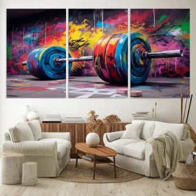 Abstract Graffiti Barbell Canvas Wall Art – Urban Fitness Meets Bold Street Art Print - Gym Wall Art Print