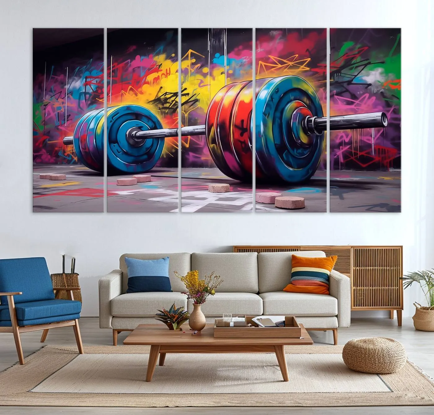 Abstract Graffiti Barbell Canvas Wall Art – Urban Fitness Meets Bold Street Art Print - Gym Wall Art Print