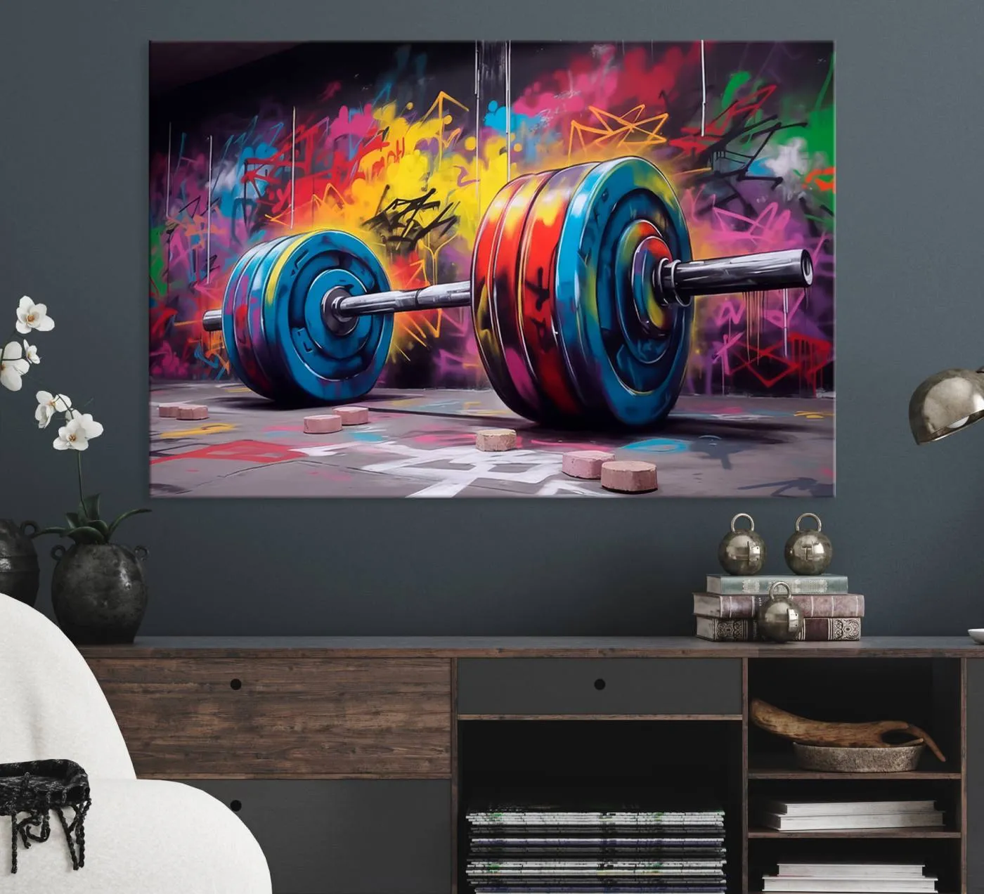 Abstract Graffiti Barbell Canvas Wall Art – Urban Fitness Meets Bold Street Art Print - Gym Wall Art Print