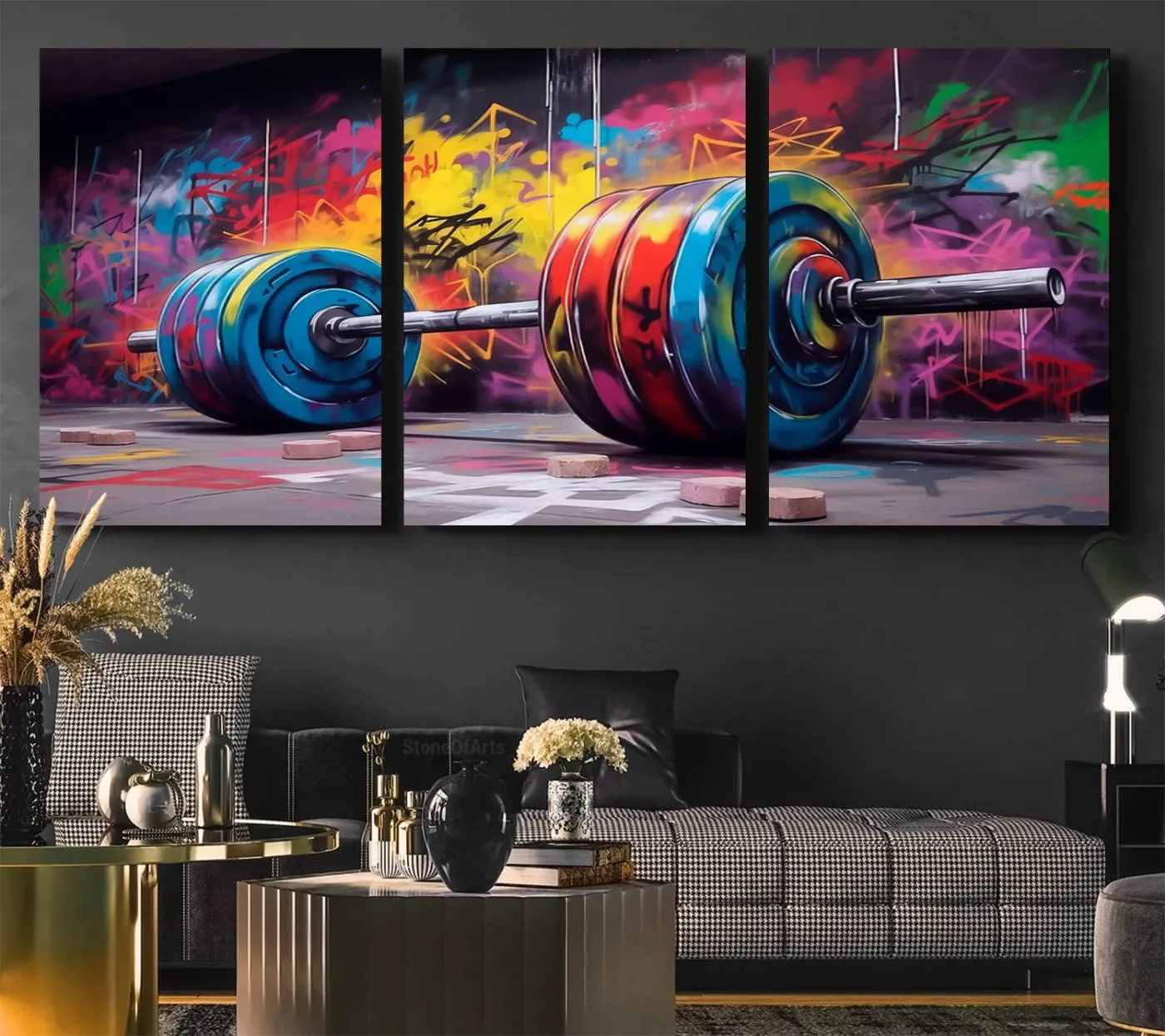Abstract Graffiti Barbell Canvas Wall Art – Urban Fitness Meets Bold Street Art Print - Gym Wall Art Print