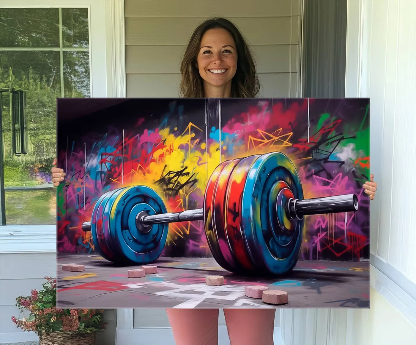 Abstract Graffiti Barbell Canvas Wall Art – Urban Fitness Meets Bold Street Art Print - Gym Wall Art Print