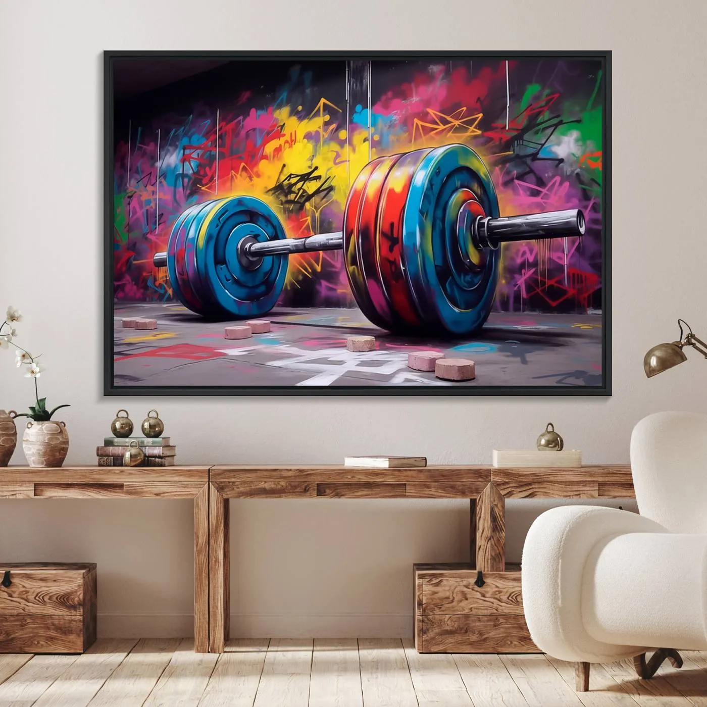 Abstract Graffiti Barbell Canvas Wall Art – Urban Fitness Meets Bold Street Art Print - Gym Wall Art Print