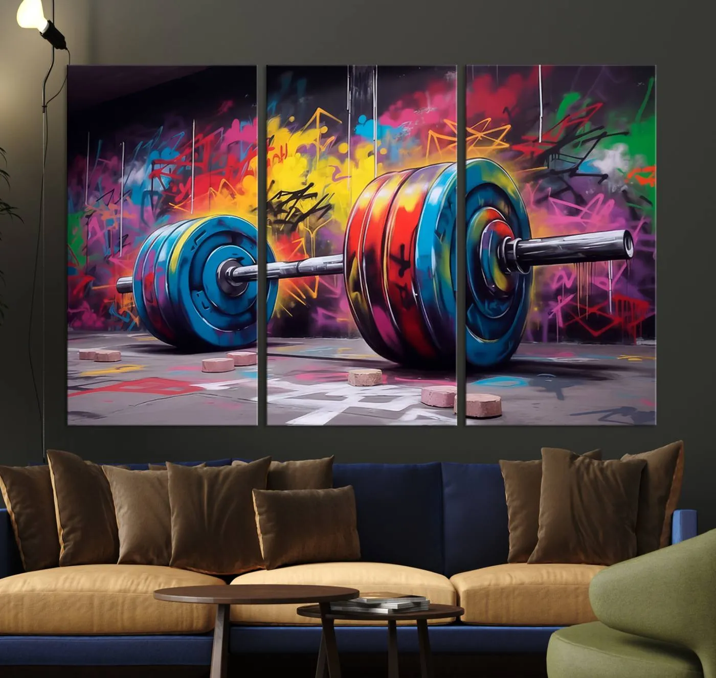 Abstract Graffiti Barbell Canvas Wall Art – Urban Fitness Meets Bold Street Art Print - Gym Wall Art Print