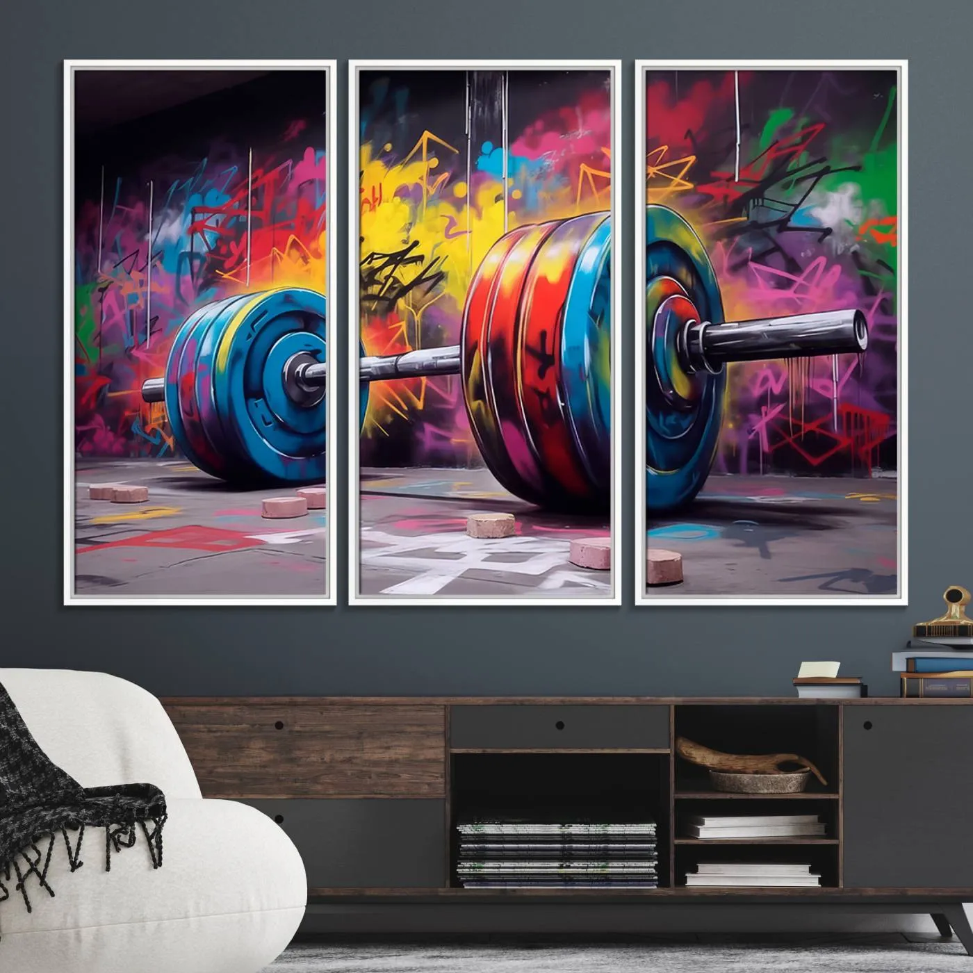 Abstract Graffiti Barbell Canvas Wall Art – Urban Fitness Meets Bold Street Art Print - Gym Wall Art Print
