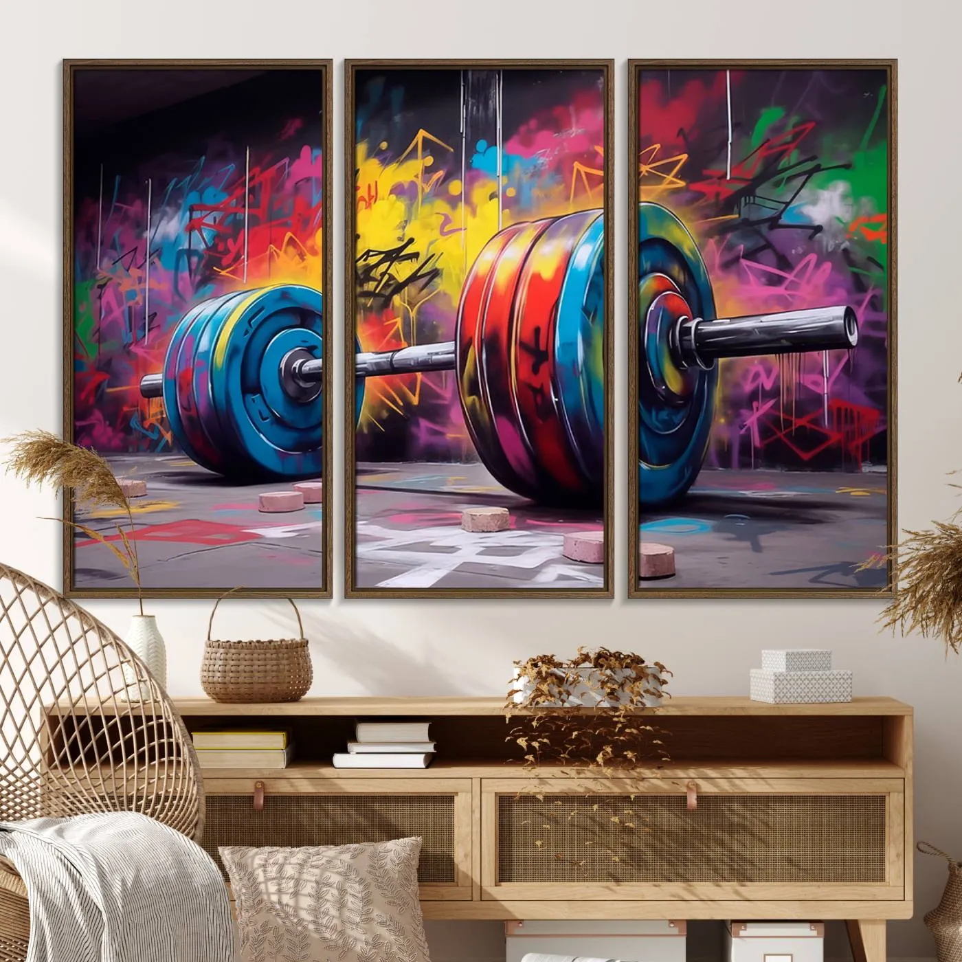 Abstract Graffiti Barbell Canvas Wall Art – Urban Fitness Meets Bold Street Art Print - Gym Wall Art Print