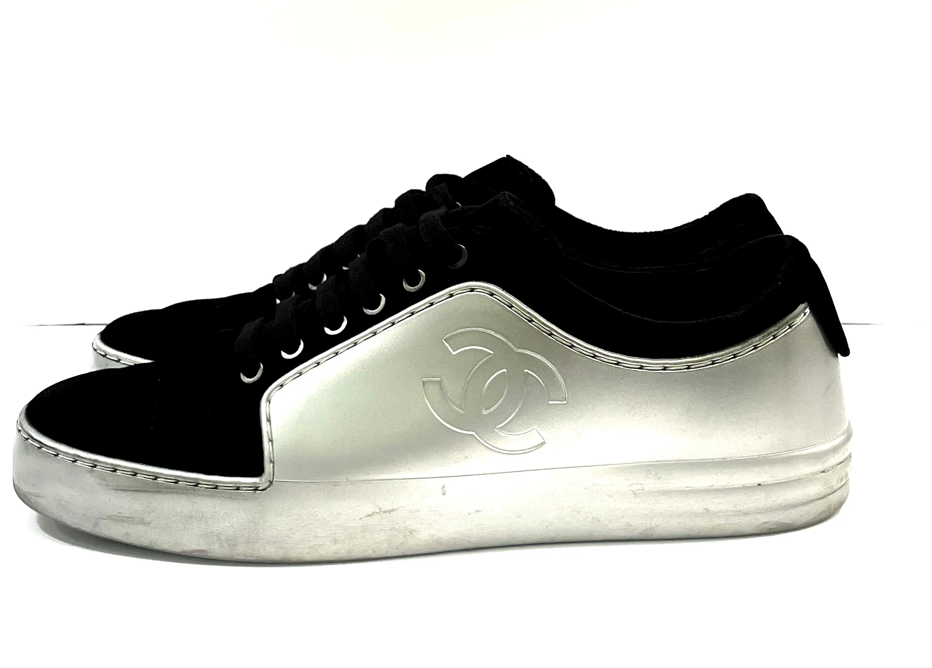 CHANEL METALLIC CALFSKIN VELVET CC SNEAKERS