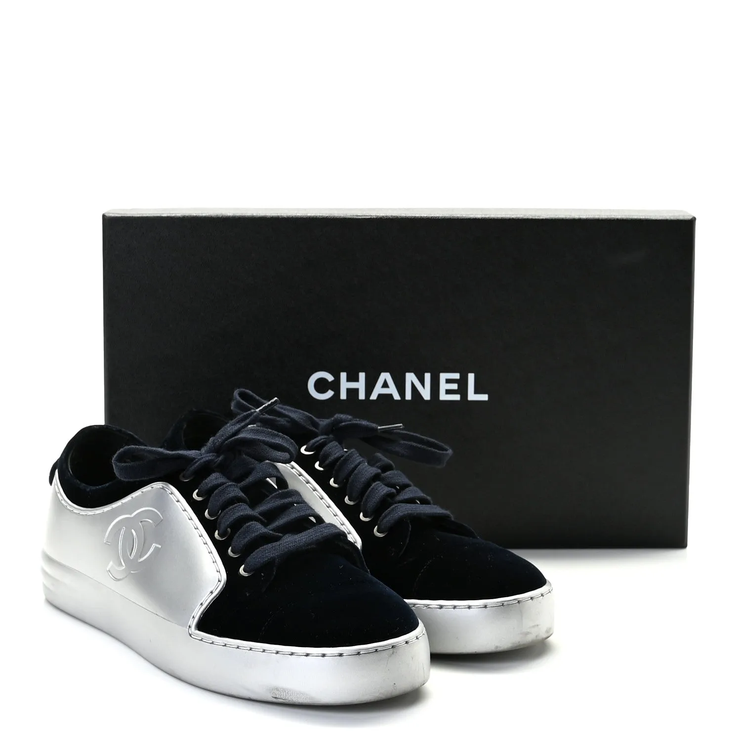 CHANEL METALLIC CALFSKIN VELVET CC SNEAKERS