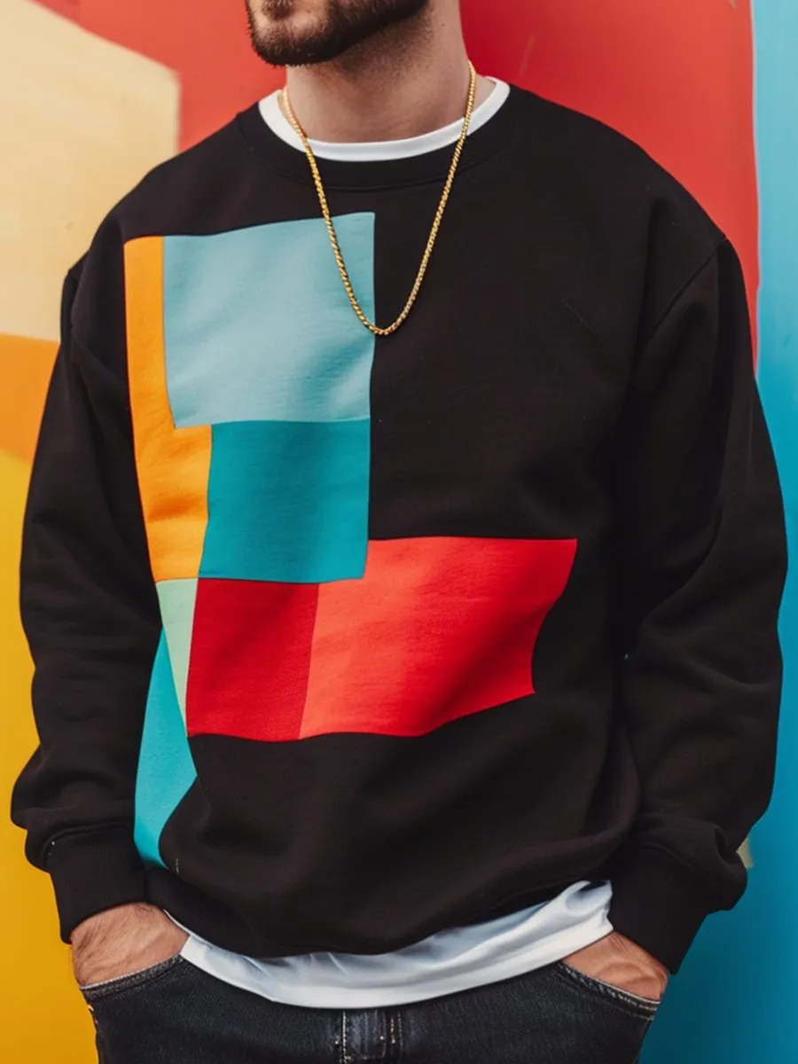 Colorful Geometric Contrast Print Loose Crew Neck Sweatshirt