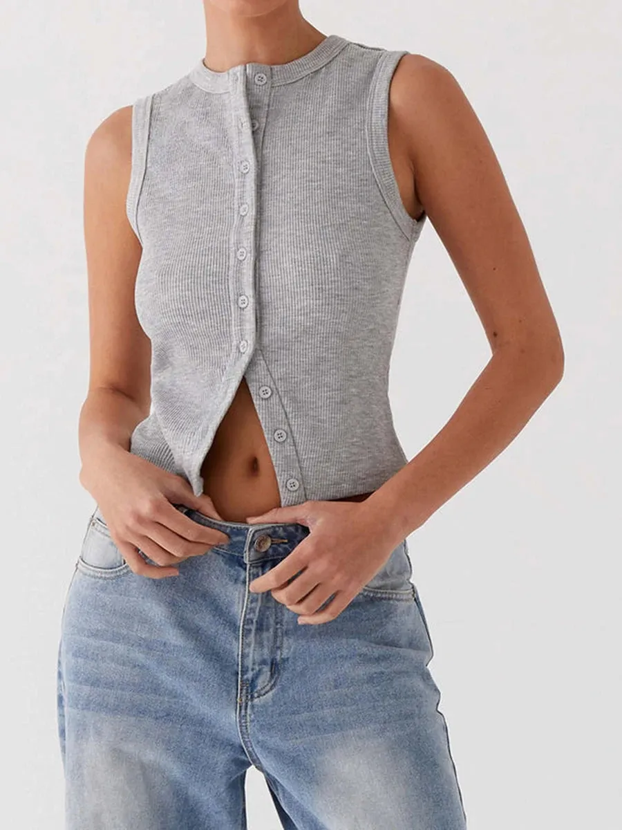 Fall Ribbed Sleeveless Buttoned Top for Everyday Wear