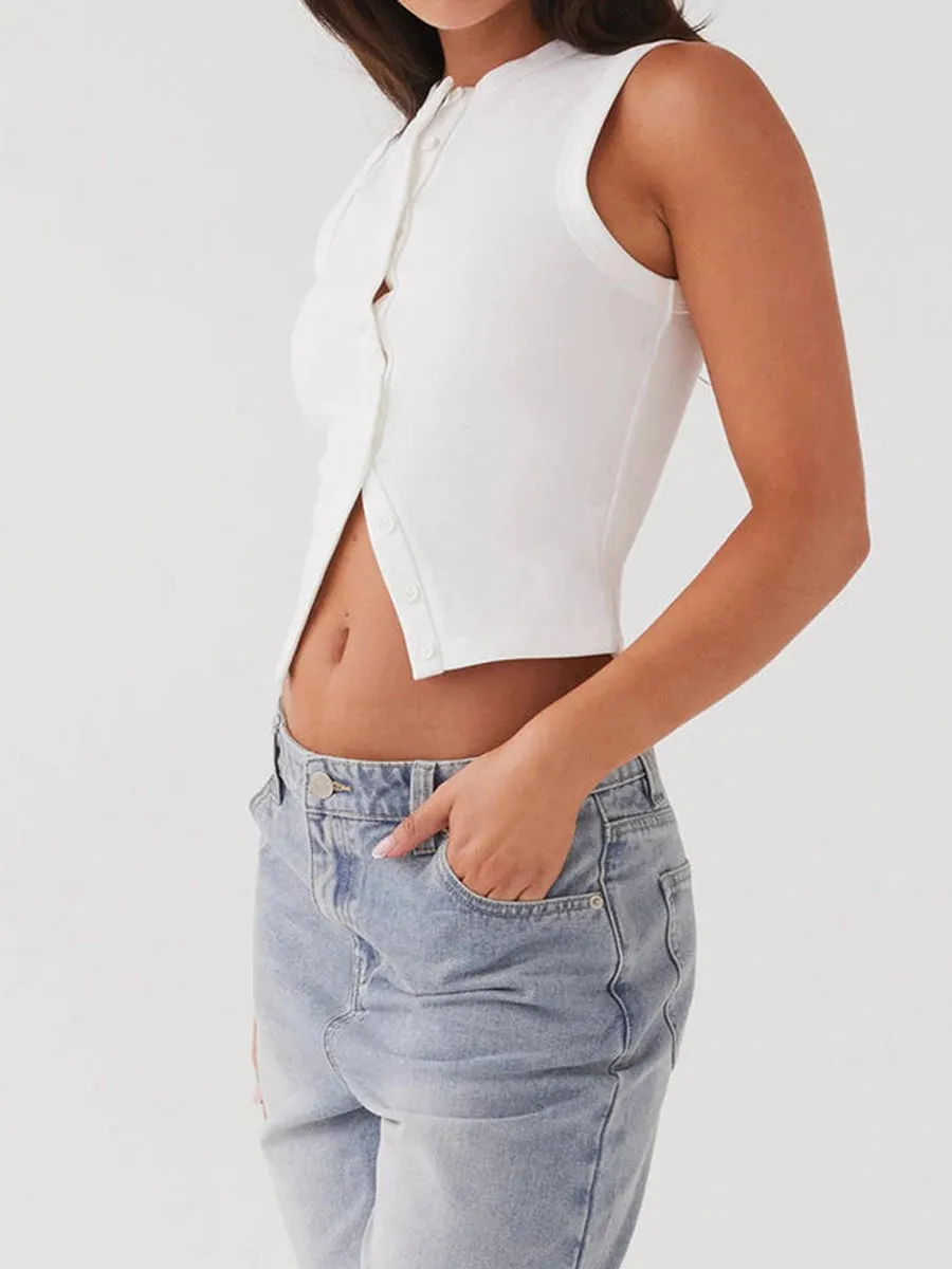Fall Ribbed Sleeveless Buttoned Top for Everyday Wear
