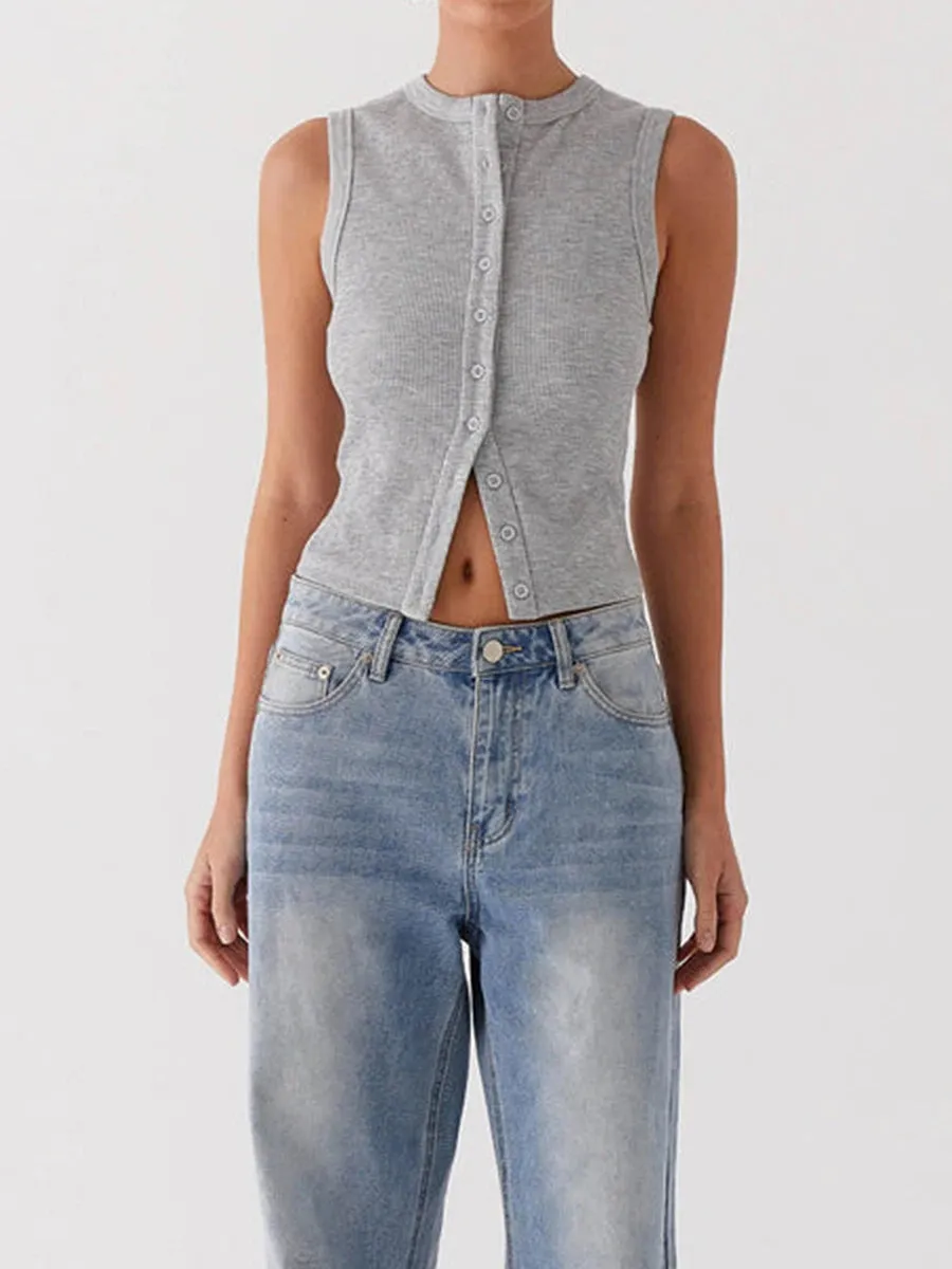 Fall Ribbed Sleeveless Buttoned Top for Everyday Wear