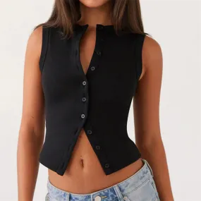 Fall Ribbed Sleeveless Buttoned Top for Everyday Wear