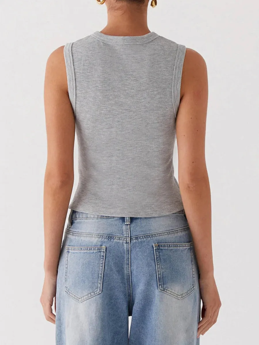 Fall Ribbed Sleeveless Buttoned Top for Everyday Wear