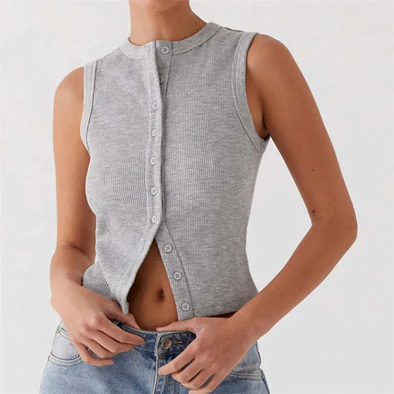 Fall Ribbed Sleeveless Buttoned Top for Everyday Wear