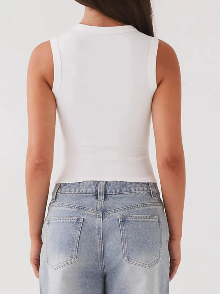 Fall Ribbed Sleeveless Buttoned Top for Everyday Wear