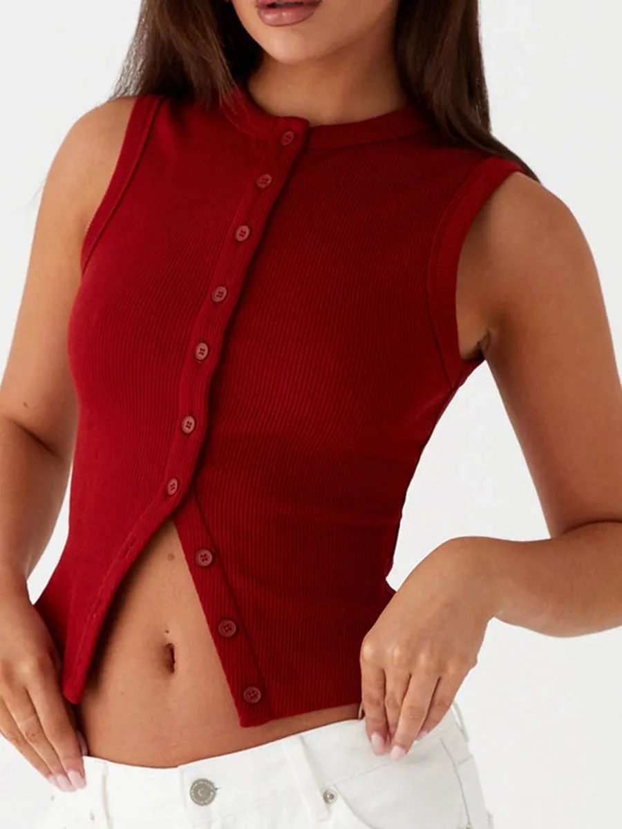 Fall Ribbed Sleeveless Buttoned Top for Everyday Wear