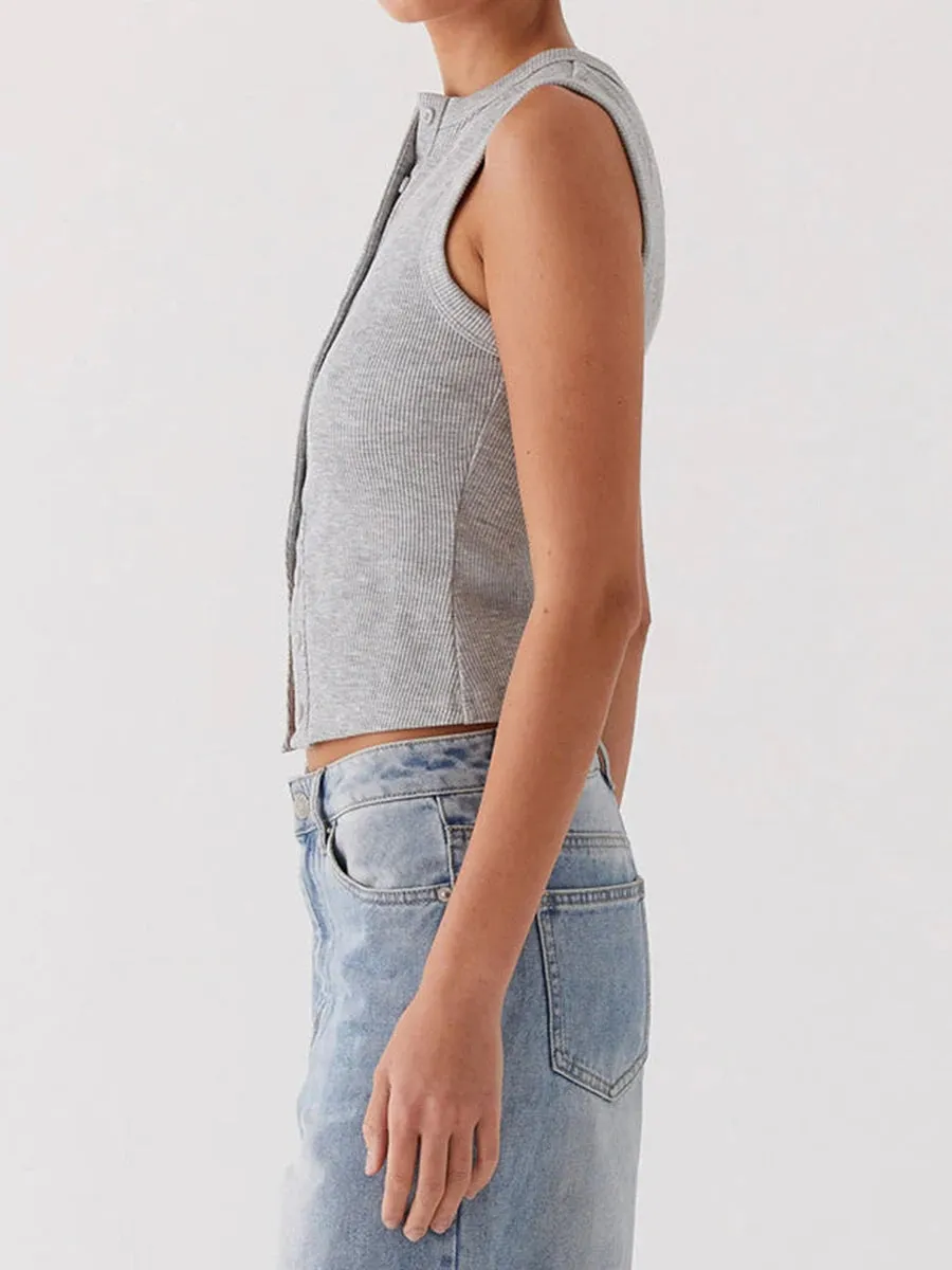 Fall Ribbed Sleeveless Buttoned Top for Everyday Wear