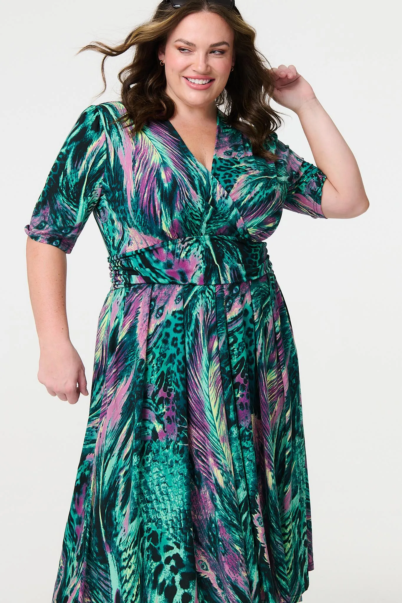 Feather Print 1/2 Sleeve Wrap Midi Dress