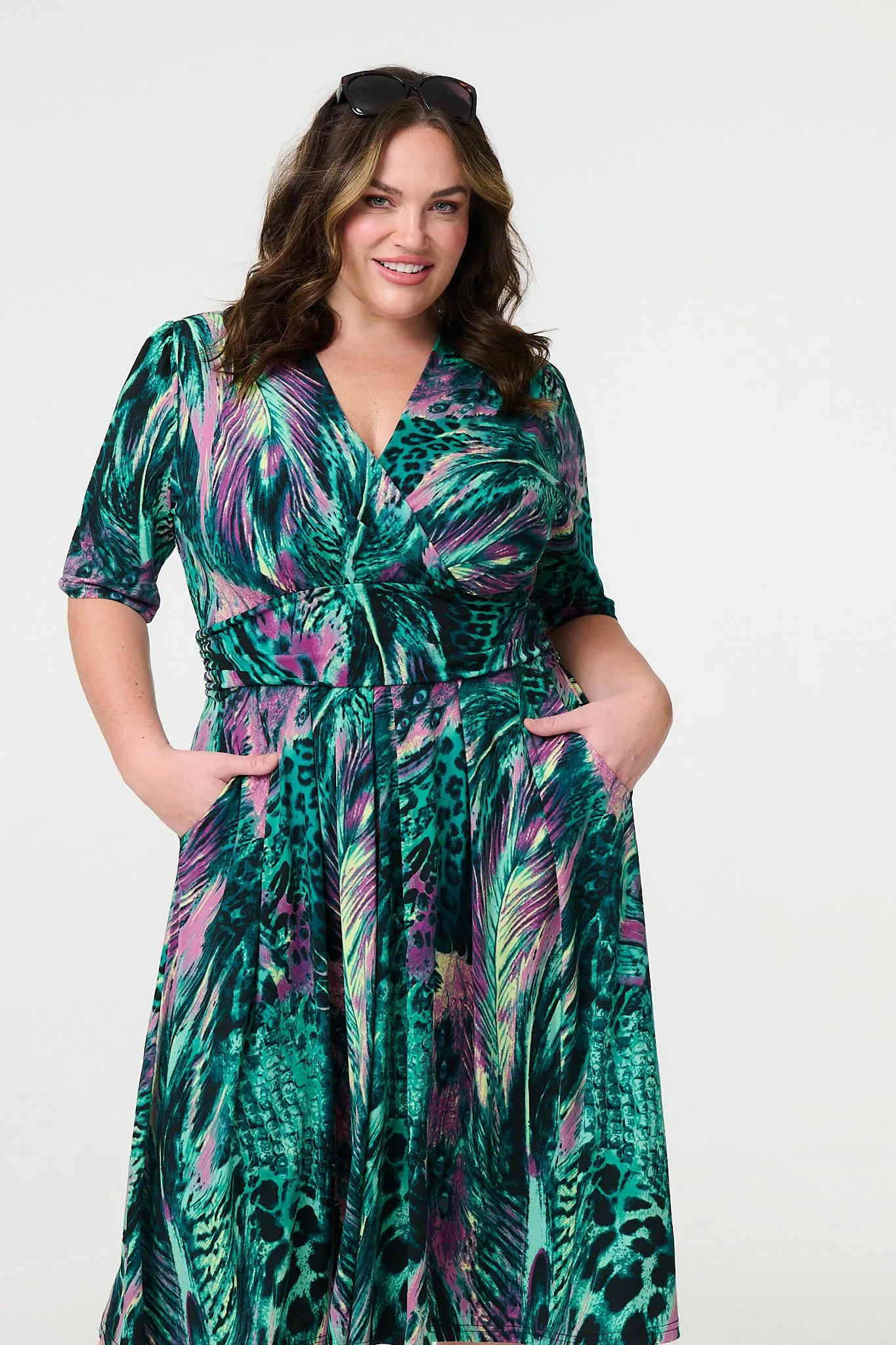 Feather Print 1/2 Sleeve Wrap Midi Dress