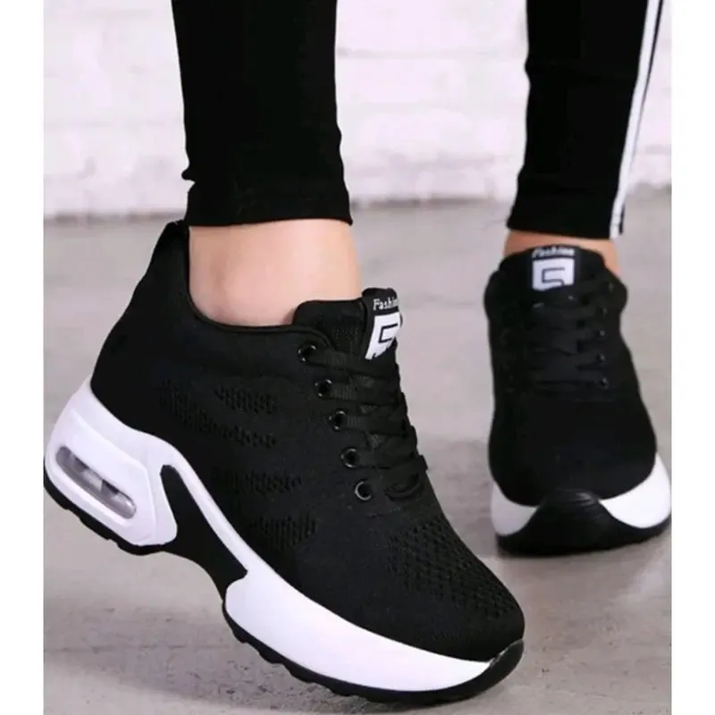 Women Black Shoes, Casual Shoes for Women and White Letter Patch Lace-Up Front Solid Wedge Heel Sneakers